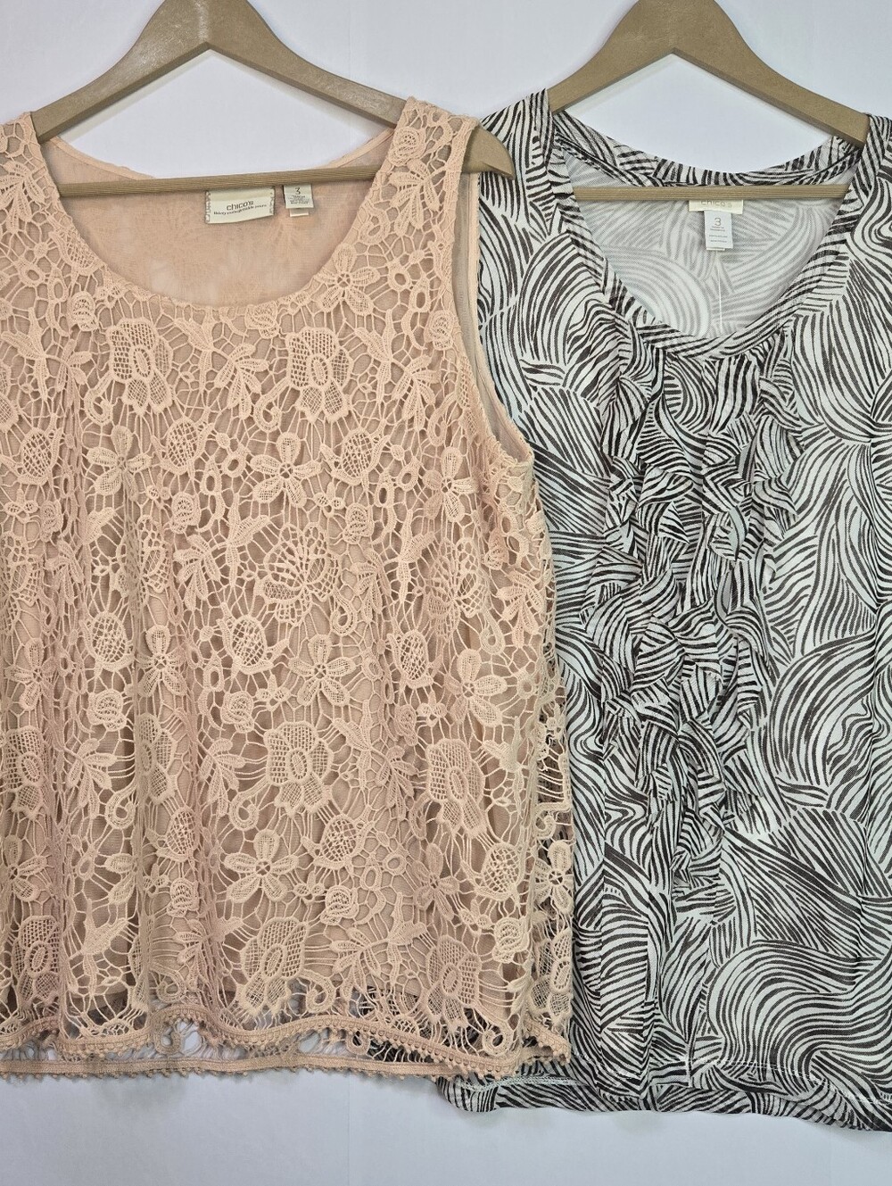 CHICO'S Bundle Of 2-Women Tank Tops Size 3. 1 Peach Lace & 1 Ruffle Rustic Swirl